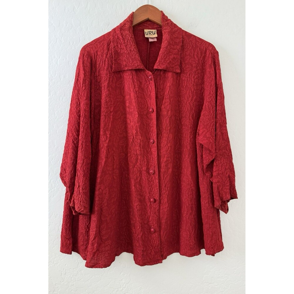 URU Lagenlook Embossed Silk Tunic Blouse Top in Red One Size = S M L XL Women's